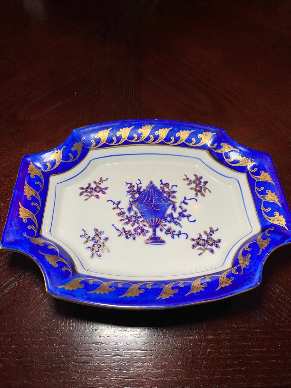 ISCO vintage hand painted trinket tray made in Japan. White, Cobalt Blue & Gold